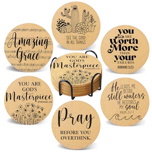 Coasters for Drinks with Holder Set of 6, Inspirational Cork Coaster Absorbent for Office Desk Inspired Table Coasters Kitchen Decor House Warming Gifts for New Home Couples, Round 4" - color: Plant