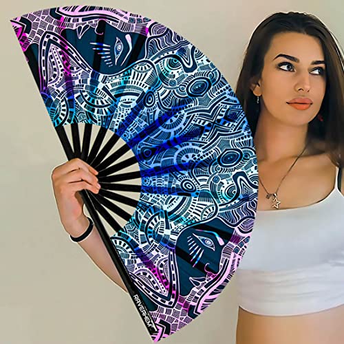 UV Glow Rave Fan, Bamboo Folding Clack Hand Fans Foldable for Men Women, Poping Fan for EDM Festival Line Dance Decoration, (Kaleidoscope Girls, Large 13") - color: Kaleidoscope Girls, size: Large 13"