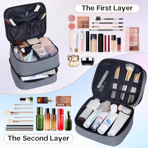 Double Layer Makeup Bag with Adjustable Dividers,Gray - color: Grey