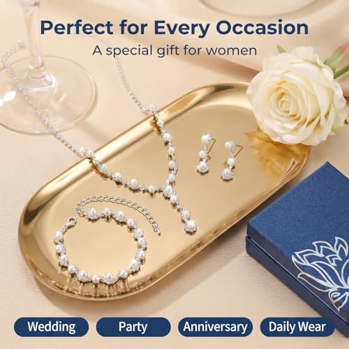 Pearl Bride Wedding Jewelry Set Faux Pearls Crystal Rhinestone Necklace Earrings Bracelet Sets for Women Bridesmaid(3 PCS) - color: Silver-White-3Set