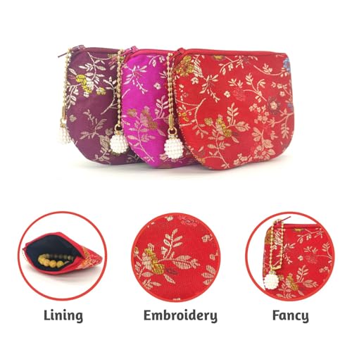 Handmade Women Coin Purse Brocade Zipper Wallet Rosary Pouch Silk Jewelry Bag - Red - color: Red