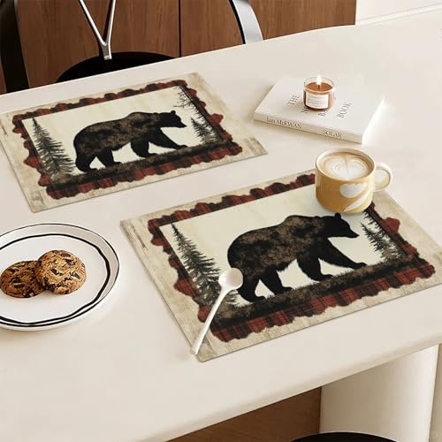 Bear Placemats Set of 4, Farmhouse Cabin Place Mats, Country Rustic Wild Animal Waterproof Washable Table Mats for Home Party Indoor Kitchen Dining Table Decoration 12x18 Inch - color: Bear, size: Set of 4