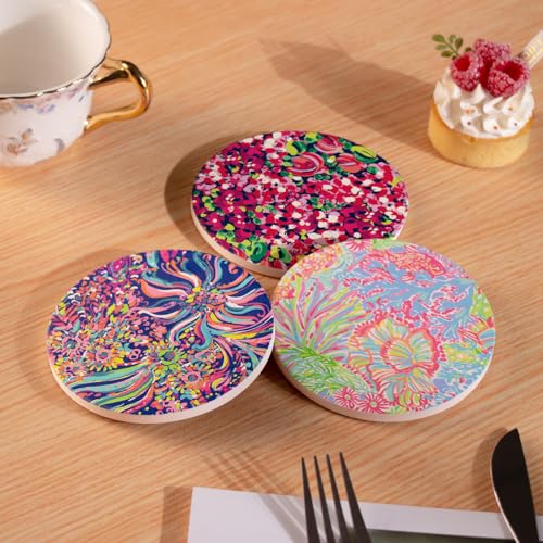 KAMMAK Ceramic Coasters with Cork Base, Boho Drink Coasters, Set of 6