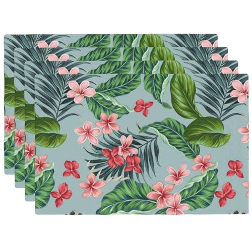 Tropical Flowers Hawaiian Plants Placemats Set of 4 12x18 Inch - color: Red Green, size: Set of 4