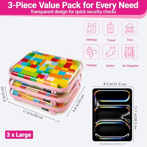 YQBRAO Clear Hard Shell Zipper Cases, 3 Large Travel Organizers, Pink - color: Pink, size: 3 Pack(L)