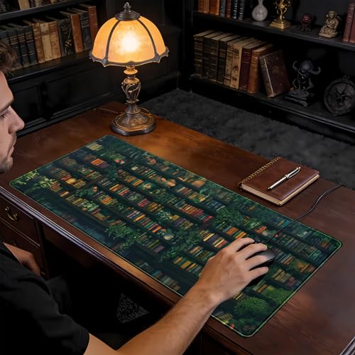 Green Leaves Desk Pad Extended Mouse Mat, Plant Bookshelf Gaming Desk Mat, Large Laptop Keyboard Pad Full Desk Mouse Pad XXL, Giant Desktop Computer Pad, Home Office Decor Aesthetic 31.5" x 15.75" - color: Quiet Library
