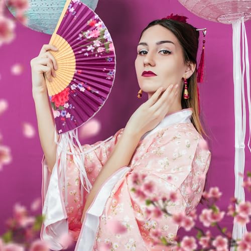 Zonon 4 Pack Hand Held Folding Fans for Women Silk,Japanese Flowers - style: Japanese Flowers