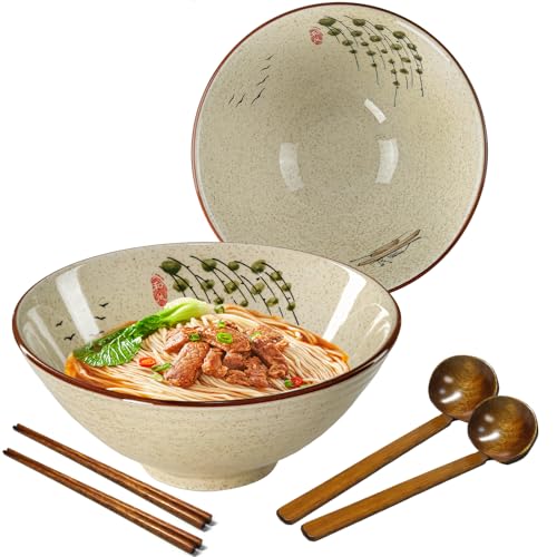 Ceramic Ramen Bowl Set, 2 Sets 34 Ounces Large Japanese Noodle Soup Bowls with Spoons and Chopsticks for Soup Udon Soba Pho Asian Noodles Pasta Salad