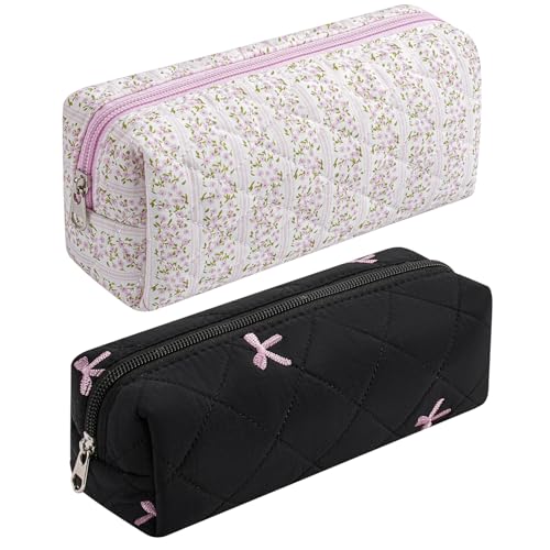 Cute Floral Cotton Makeup Brush Cosmetic Bag for Women, Travel Quilted Zipper Make Up Bag, Flowers Toiletry Organizer Case Kawaii Makeup Cosmetic Travel Cloth Pouch (Pink+Black) - color: Two Pack: (Pink+Black)