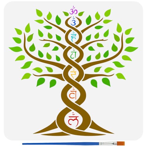 FINGERINSPIRE Tree of Life Stencil with a Paint Brush 11.8x11.8Inch Reusable Chakras Stencil PET Chakras Tree Decoration Template Plant Theme Template for Painting on Wood Wall Floor Furniture - style: Chakras Style The Tree of Life
