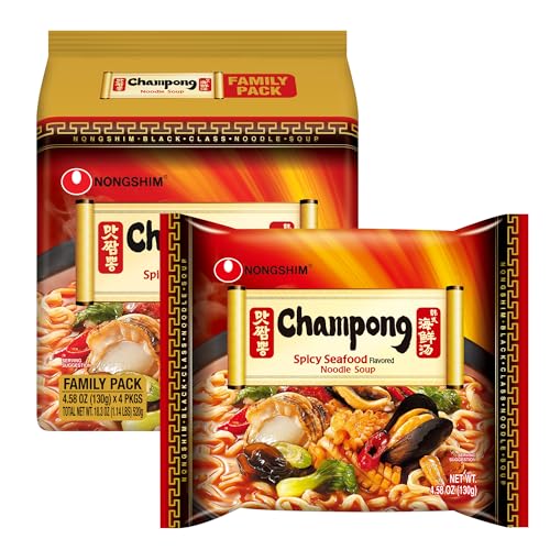 Nongshim Champong Noodle Soup, Smoky Spicy Seafood Korean Ramen, 4 Pack