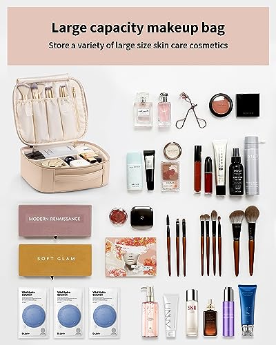 VLANDO Travel Makeup Bag for Women PU Leather Cosmetic Organizer - color: Large-Milk tea
