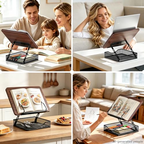 Adjustable Book Stand for Reading with Storage - 2-13" Height Hands-Free