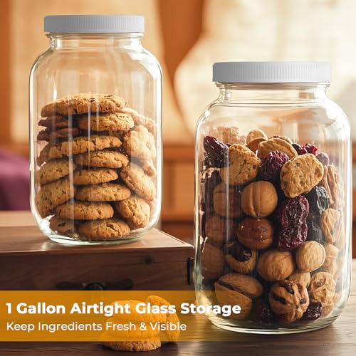 Cyclemore 2 Pack 1 Gallon Clear Glass Jar with Airtight Leakproof Plastic Lid, BPA-Free Dishwasher Safe Wide Mouth Jar for Fermenting, Kombucha, Kefir, Canning, Sun Tea and Food Storage