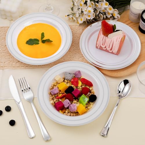 BESTSTAR 200 Pack Disposable Soup Bowls with Silver Rim - color: Silver, size: 200 pack
