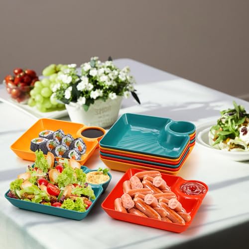 Lawei 12pcs Chip Dip Serving Platter Set, Plastic Dumpling Plates with Sauce Compartment, Square Serving Dish Sushi Plates, Small Dip Tray for Appetizer, Taco Salsa, Fruit, Charcuterie - size: Multi-color