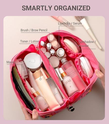 Aveniee Travel Makeup Bag for Women, Large Cosmetic Organizer with Open-Flat Design, Clear Divider & Handle - Waterproof PU Leather Toiletry Case (Moon Cat Pattern) - style: Mooncat