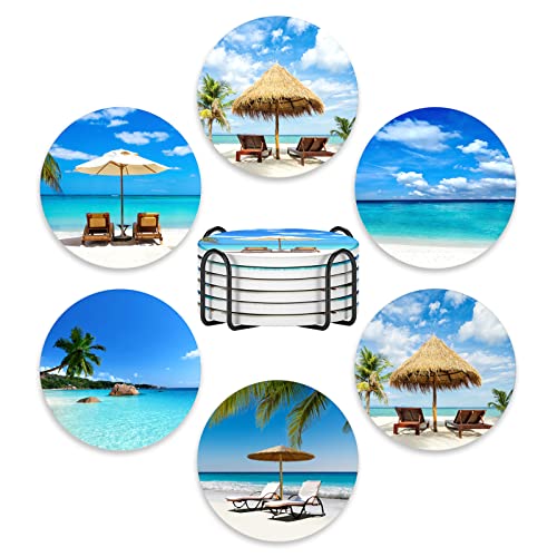 Coasters for Drinks, Set of 6 Cute Absorbent Ceramic Drink Coasters - color: Happy Beach