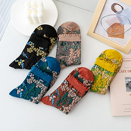 DXYAKY 5 Pairs Womens Floral Cotton Socks Vintage Patterned Crew Socks Novelty Ankle Ruffled Warm Casual Dress Socks - color: 5 Pairs - Pattern 1