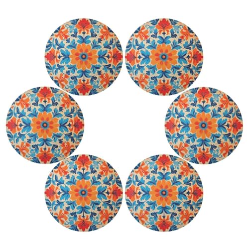 Orange and Blue Flower Round Placemats Washable ‌Heat Resistant‌ ‌Non-Slip Place Mats Table Place Mat for Kitchen Dining - color: Orange and Blue Flower, size: 15.4x15.4inx1