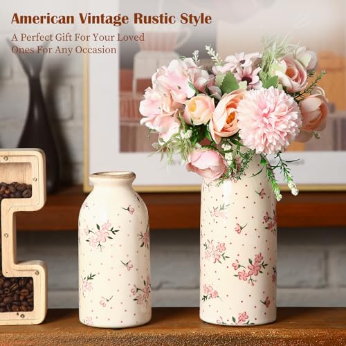 2 Pcs Ceramic Small Vase Rustic Farmhouse Vase Boho Vases Home Decoration for Your Kitchen Bedroom Office Bathroom & Shelf Centerpiece Table Decorative(Romantic)