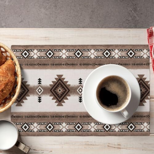 Brown Aztec Placemats Set of 4, Linen Washable Table Mats 12 x 18 Inch, Southwestern Diamond Place Mats for Dining Table Kitchen Rustic Boho Western Decor - color: Brown Aztec, size: 12x18"Placemats x4