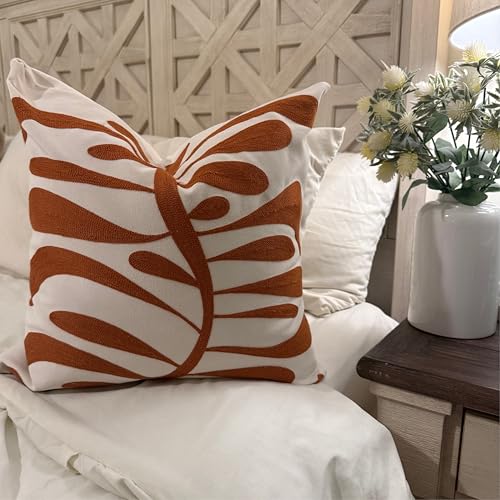AYAY Decorative Velvet Throw Pillow Cover 18x18 Inch – Off White with Orange Rust Embroidered Abstract Design, Modern Boho Accent Cushion, Hidden Zipper, Cover Only - color: Abstract Rust and Off White