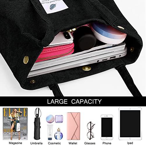Ayieyill Corduroy Tote Bag for Women Canvas Shoulder Cord Purse with Inner Pocket - color: Black