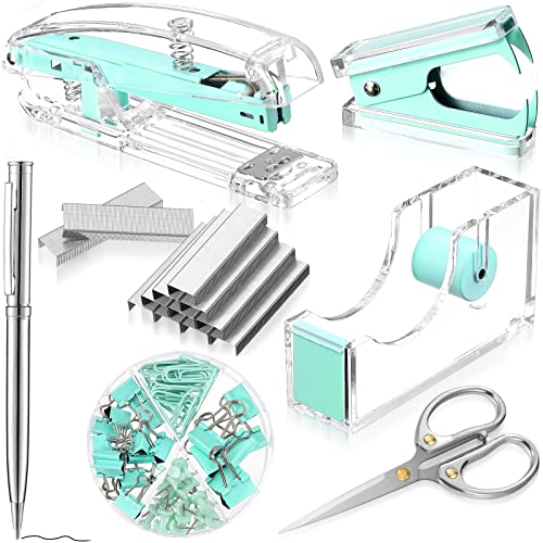 Office Supplies Set Desk Accessory Kit, Acrylic Stapler Set Staple Remover, Tape Dispenser, Binder Clips, Paper Clips, Ballpoint Pen and Scissor with 1000 Pieces 26/6 Staples (Green) - color: Green