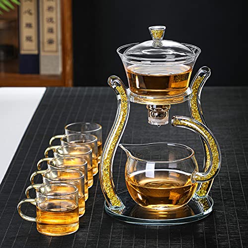 RORA Glass Teapot Set Semi Automatic Drip Rotating with Infuser Lazy Kungfu Tea pot Set (Yellow) - color: Gold, size: teapot