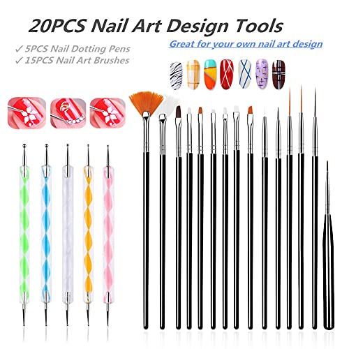 FULINJOY 20PCS Nail Art Design Tools, 15PCS Painting Brushes Set (Black) with 5PCS Dotting Pens