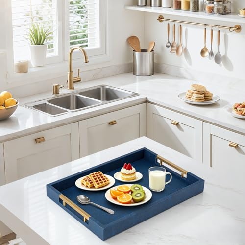 Navy Blue Faux Leather Serving Tray with Handles – Large Decorative Tray for Coffee Table, Ottoman, Living Room, Bathroom – Home Decor - color: Blue, size: 20" x 14" x 2"