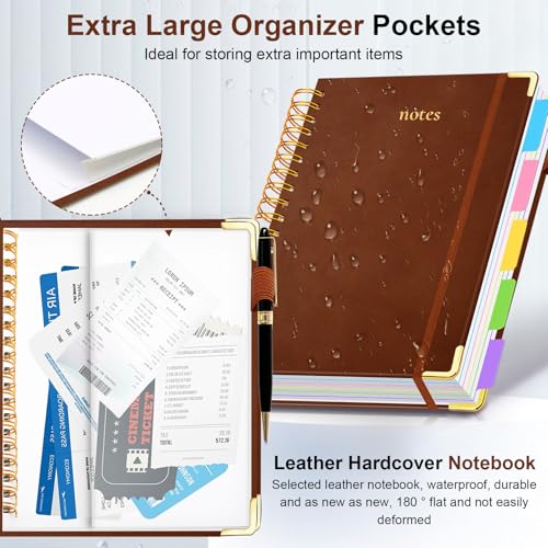 Hardcover Spiral Notebook 8"x10" Journal Notebook with Tabs and Removable Dividers 300 Pages 5 Subject Notebook College Ruled, Faux Leather Spiral Bound Notebook for Women School Work (Brown) - color: Brown, size: 8"x10"(B5)