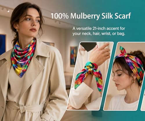100% Mulberry Silk Scarf for Women Lightweight 21" Small Square Neck Scarf Headscarf Neckerchief Gift Packed - color: Colorful Abstract