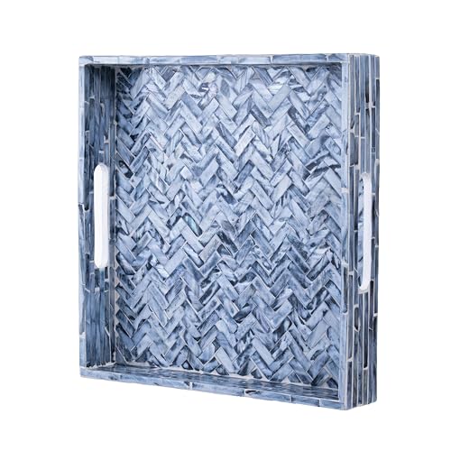 PEMAR Mother of Pearl Square Tray 12x12, Smoky Blue Herringbone Tray - color: Midnight Blue Herringbone