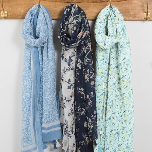 Hadley Wren Womens Lightweight Floral Scarf with Tassels - color: Blue