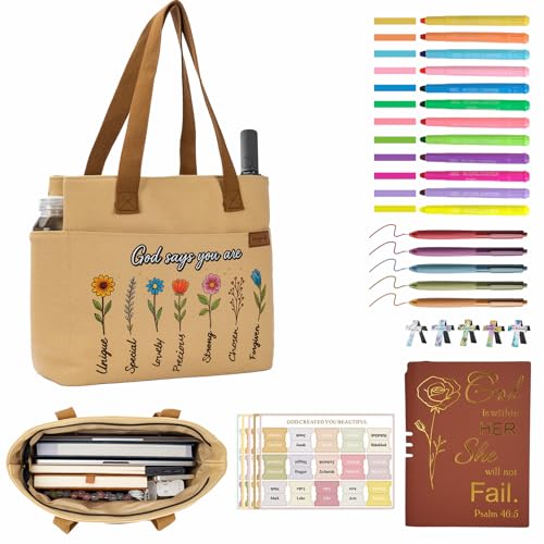 25 PCS Bible Study Supplies Kit, Large Capacity Canvas Tote Bag for Women Organizer, Bible Highlighters and Quick Dry Pens No Bleed Through Tabs, Christmas Christian Gifts for Women Mom Friends - color: Khaki