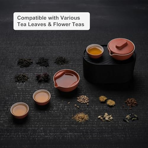 PERTouch-T1 Portable Gongfu Tea Set Asian Style Travel Tea Set Double-Wall Insulated Ceramic Kit with Teapot, Fair Cup, 3 Tea Bowls, Tea Tray & Waterproof Travel Bag for Outdoor, Car, Home, Office - color: Red