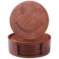Coasters for Drinks Set of 6 with Holder, 6-Piece Leather Coasters with Embossed Smiley Designs - Durable Drink Coasters Set for Home, Bar, or Office - Brown - color: Brown