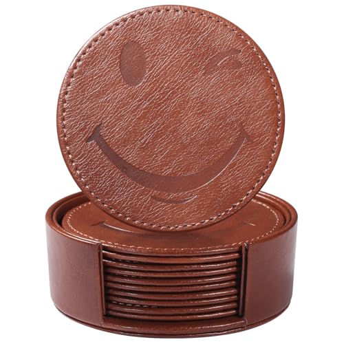 Coasters for Drinks Set of 6 with Holder, 6-Piece Leather Coasters with Embossed Smiley Designs - Durable Drink Coasters Set for Home, Bar, or Office - Brown - color: Brown