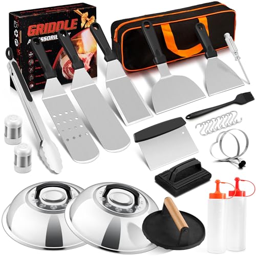 HaSteeL 28Pcs Griddle Accessories Kit, Stainless Steel Flat Top Grill Accessory Tools Set, Metal Spatulas, Scraper Choppers, Melting Domes, Cast Iron Burger Press, for Teppanyaki Tabletop Hibachi BBQ - style: 2 Melting Domes