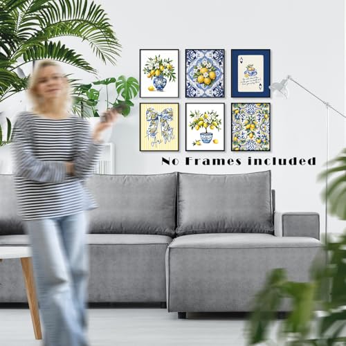 LUKIPOM Chinoiserie Lemon Summer Wall Art Posters 8x10in Set of 6,Amalfi Coast Grandmillennial Home Decor,Blue and White Porcelain Lemon Tree Prints Artwork for Kitchen Wall Decor, Unframed - color: Color 017