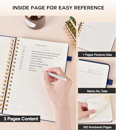 PERCUN Spiral Notebook 300 Numbered Lined Pages Hardcover Journal 8.5"x11" - color: Navy, size: A4 size (8.5in x 11.5in)