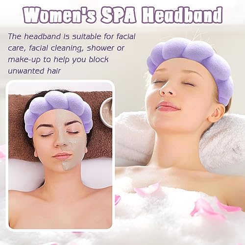 Zkptops Spa Headband for Washing Face Wristband Set Sponge Makeup Skincare Headband Terry Cloth Bubble Soft Get Ready Hairband Women Girl Puffy Padded Headwear Non Slip Thick Hair Accessory(Purple) - color: Y Purple