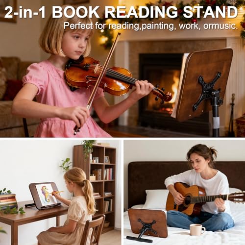 2 in 1 Dual-use Music Stand & Desktop Book Stand, Adjustable Height 16.5"-51", 100% Solid Wood Laptop Floor Stand Book Holder with Elastic Page Clips for Cookbooks (Black Walnut) - color: Black Walnut