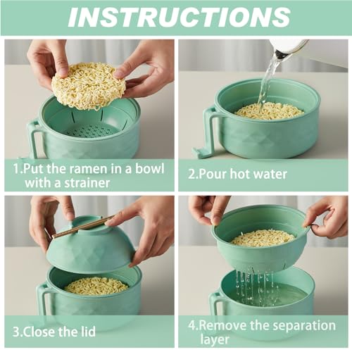 6 Pcs Microwave Ramen Cooker Set 40oz Bowl, Nordic Green - color: Nordic Green