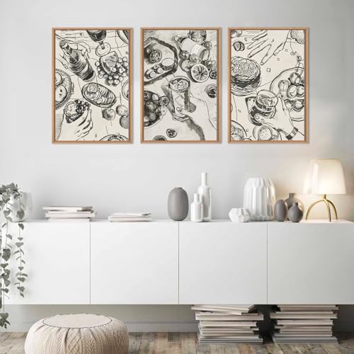 LHIUEM Large Retro Sketch Cheers Framed Canvas Wall Art,Food and Drink Wall Decor,Mid Century Gatherings Dinner Wall Painting,Abstract Black and White Art Prints for Kitchen,Dining Room - 16"x24"x3 - color: Sketch Cheers Wall Art, size: 24"L x 16"W