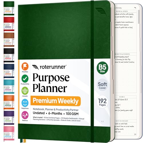 Roterunner Purpose Planner Notebook B5 7.5”x9.8” Undated 2026 Daily Weekly and Monthly Productivity Goal Setting Tool for Work Home ADHD Planner for Adults Self Care Journal - color: Green, style: B5 Softcover