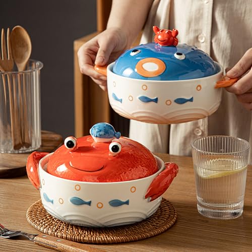 Cute Crab Ceramic Ramen Bowl with Lid & Handles, 24 OZ (680ML) Microwave Oven Safe Noodle Soup Bowl, Ocean Theme 3D Crab Design Cute Bowl, Dishwasher Safe for Home Office Dorm (Crab)