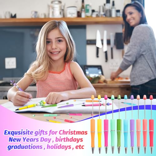 150 Pieces DIY Beadable Pens Kit - 50 plastic Beadable Pens Bulk, Refills & pen bags Included - Beaded Pens Black Ink Ballpoint Cute Pens（Bright） - color: Macaron, size: 50
